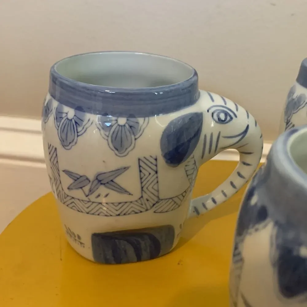 Blue and White Elephant Ceramic Mugs set of 4: pier 1